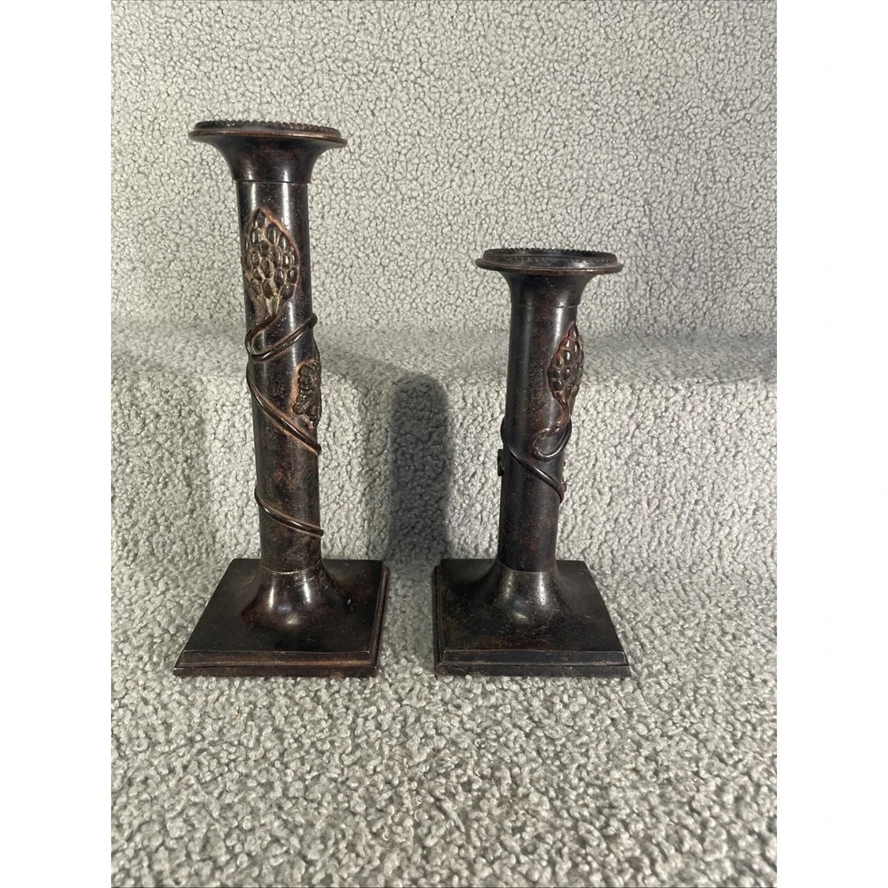 vintage Traditional Italian Bronze Grapevine Mantle Candlestick Holders - a Pair